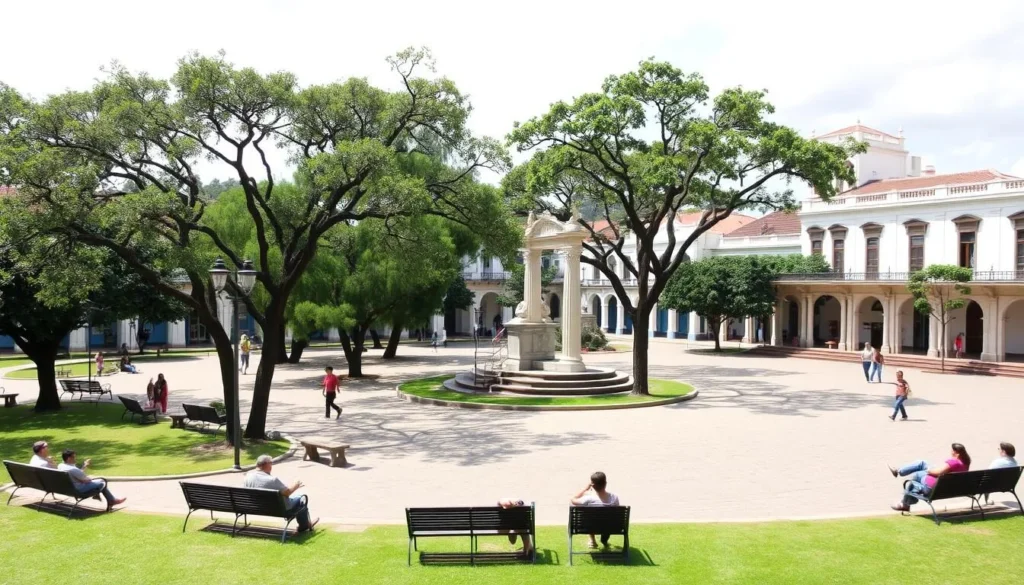 García Rovira Park with historic monuments and locals enjoying the space García Rovira Park with historic monuments and locals enjoying the space