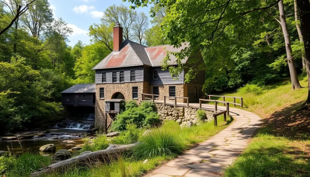 Generate an image of Abbott's Mill Nature Center in Milford, Delaware, showcasing its historic mill and surrounding natural trails.