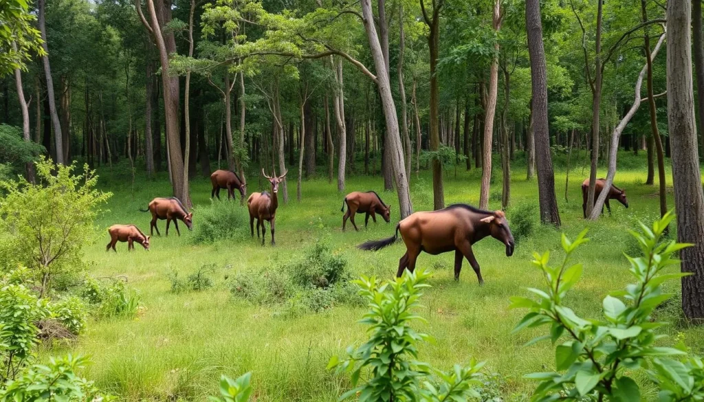 Generate an image of Abuko Nature Reserve's lush forest with diverse wildlife.