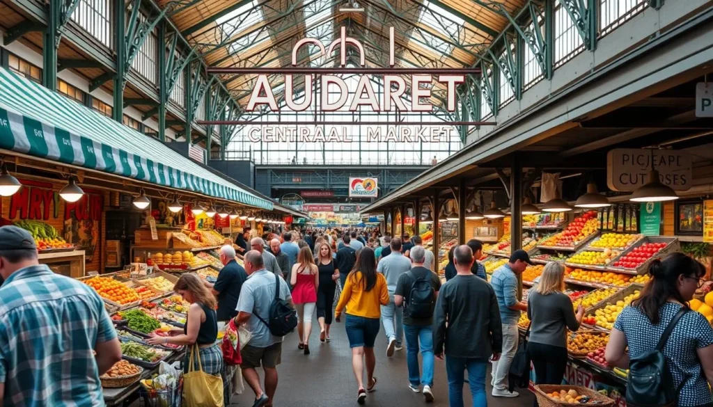 Generate an image of Adelaide Central Market's bustling atmosphere with vendors and shoppers.