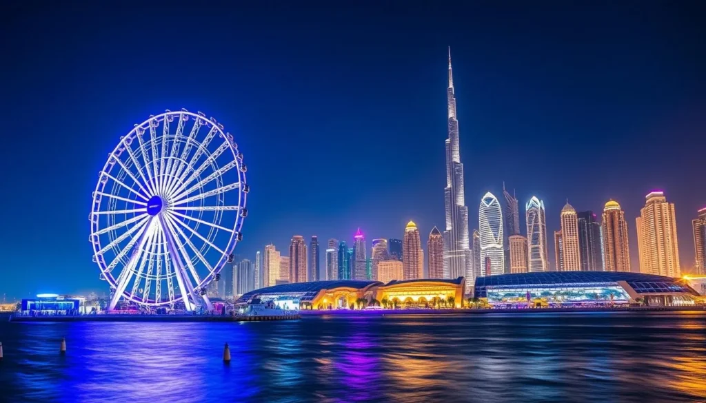 Generate an image of Ain Dubai's giant Ferris wheel on Bluewaters Island with the Dubai skyline in the background.