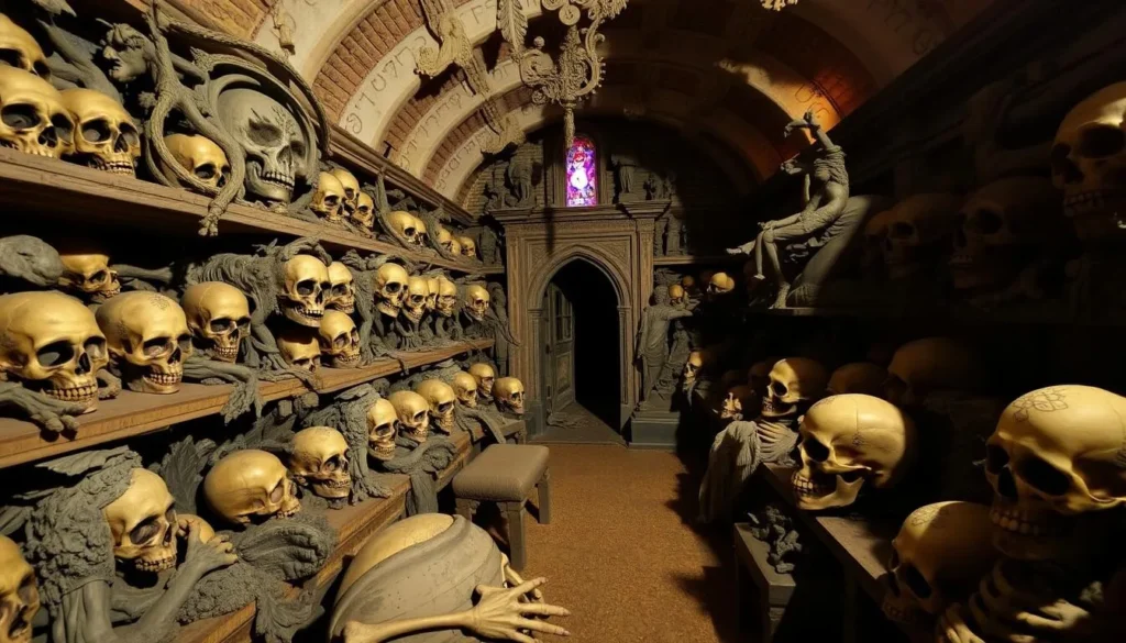 Generate an image of Aître St. Maclou's ossuary with macabre decorations