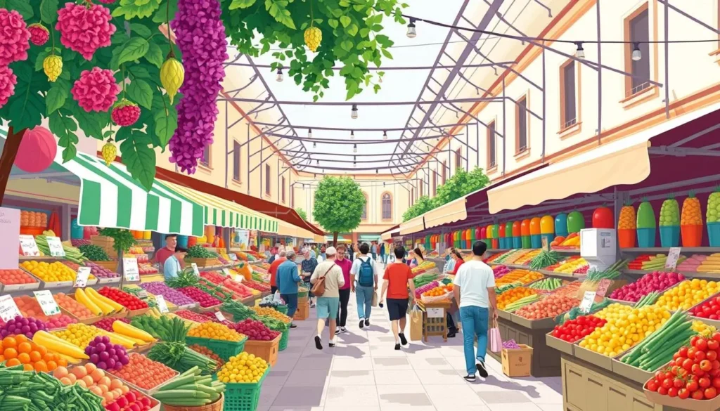 Generate an image of Ajaccio Market with colorful stalls and fresh produce.
