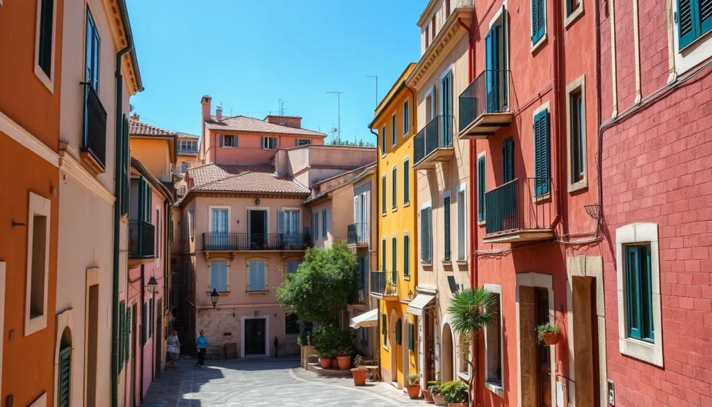 Generate an image of Ajaccio's Old Town with its vibrant winding streets and colorful buildings.