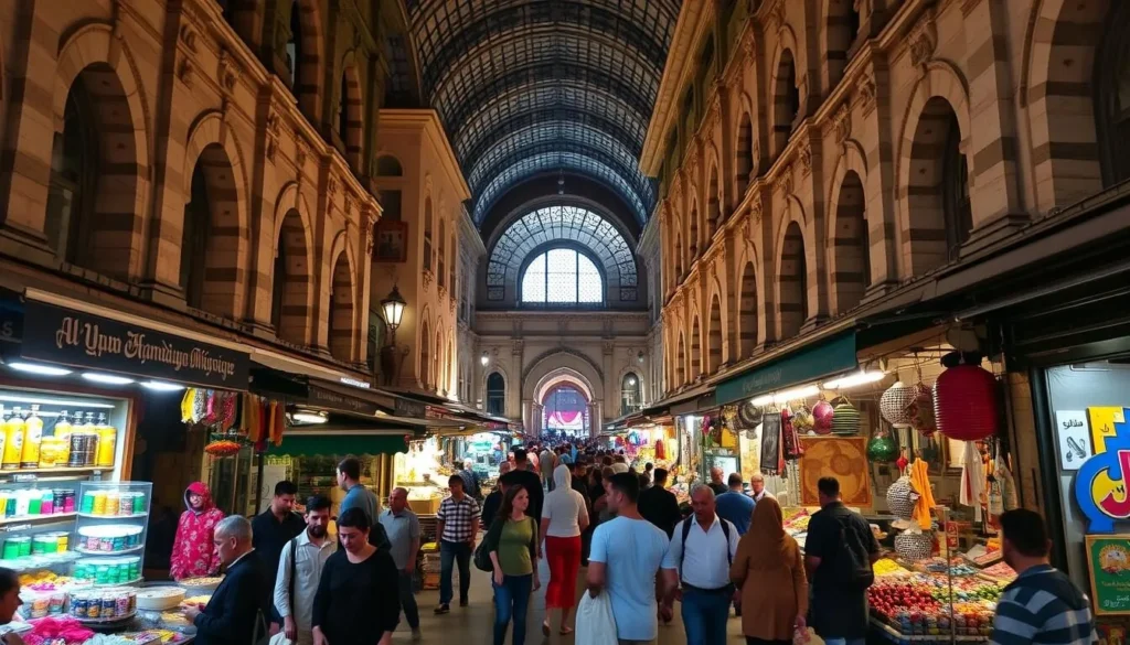 Generate an image of Al-Hamidiyah Souq in Damascus, showcasing its historic architecture and bustling market atmosphere.