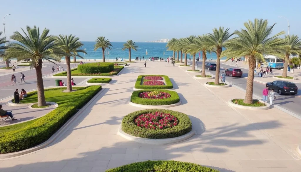 Generate an image of Al Khobar Corniche with manicured gardens and people enjoying the sea breeze.