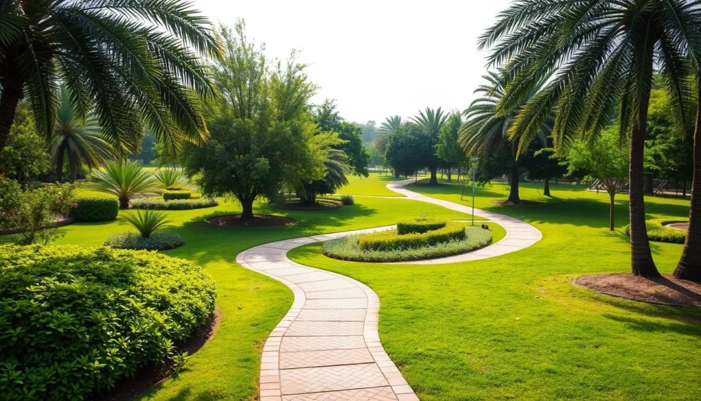 Generate an image of Al Shaheed Park's serene landscape with walking paths and lush greenery.