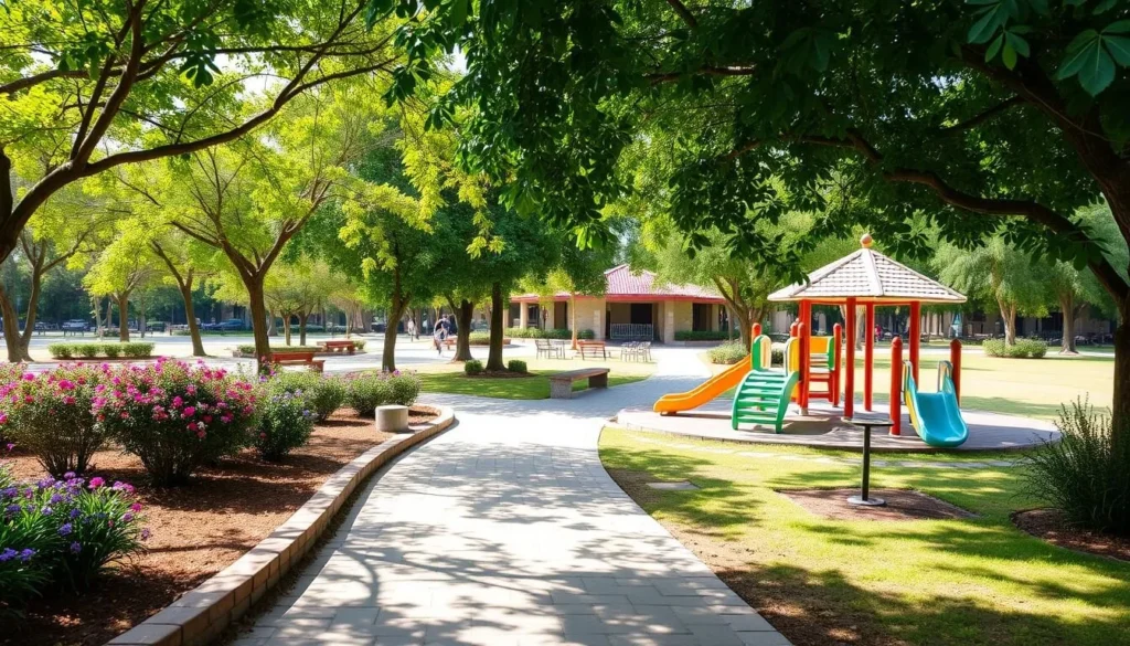 Generate an image of Al Tawasul Traditional Park, highlighting its serene environment with lush greenery and a children's play area.