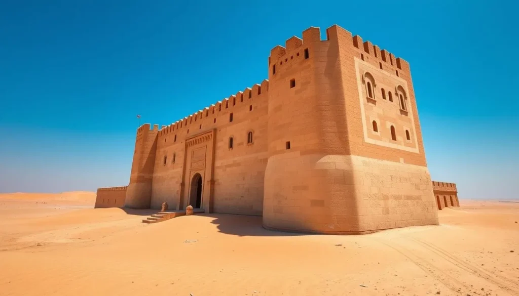 Generate an image of Al Zubarah Fort in Qatar, showcasing its historical architecture against the desert backdrop.
