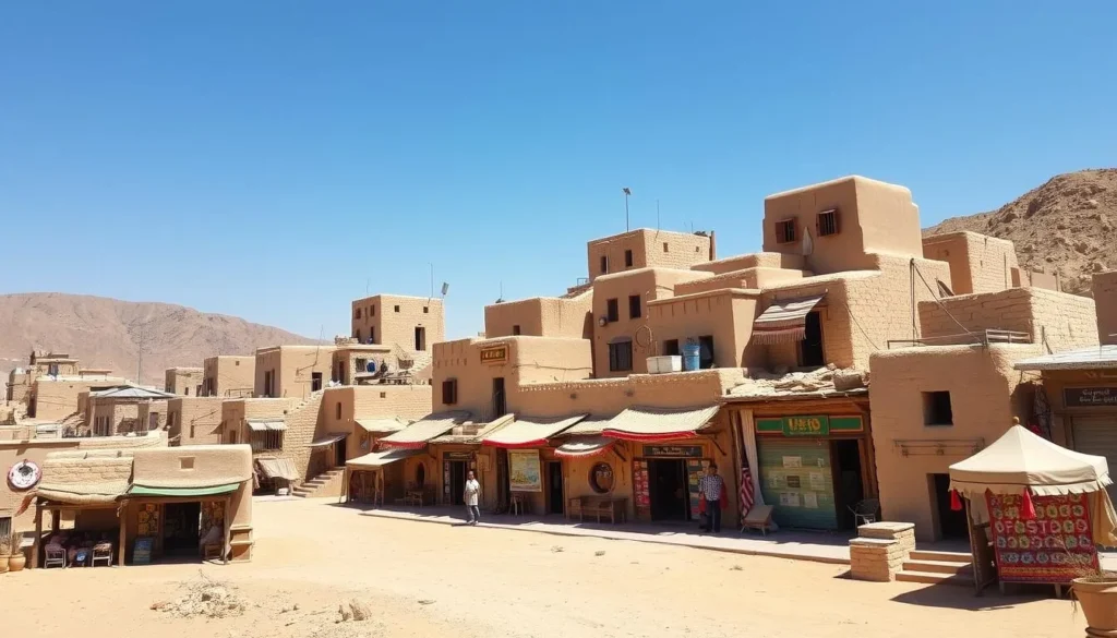 Generate an image of AlUla's Old Town with its mud houses and traditional shops.