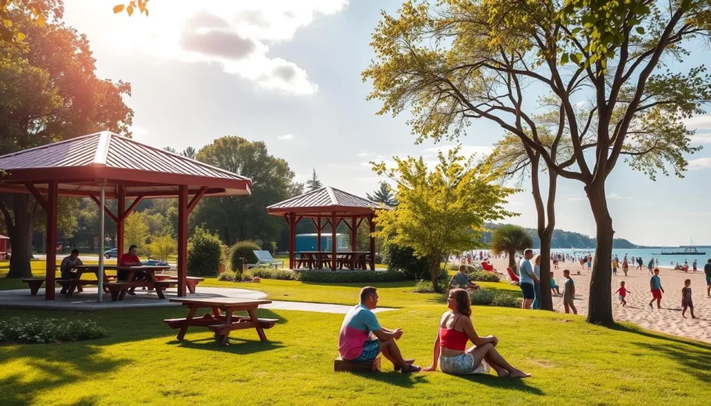 Generate an image of Alan Shepard Park with picnic pavilions and families enjoying the beach.