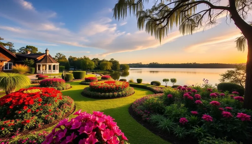 Generate an image of Alfred B. Maclay Gardens State Park, featuring stunning ornamental gardens and Lake Hall.