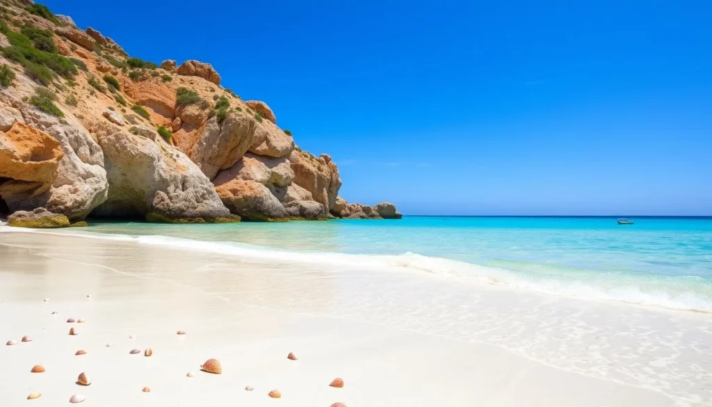 Generate an image of Alison Hagerup Beach with clear turquoise water and a few shells scattered on the sand.