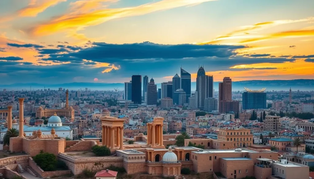 Generate an image of Amman's cityscape with ancient ruins and modern skyscrapers Generate an image of Amman's cityscape with ancient ruins and modern skyscrapers