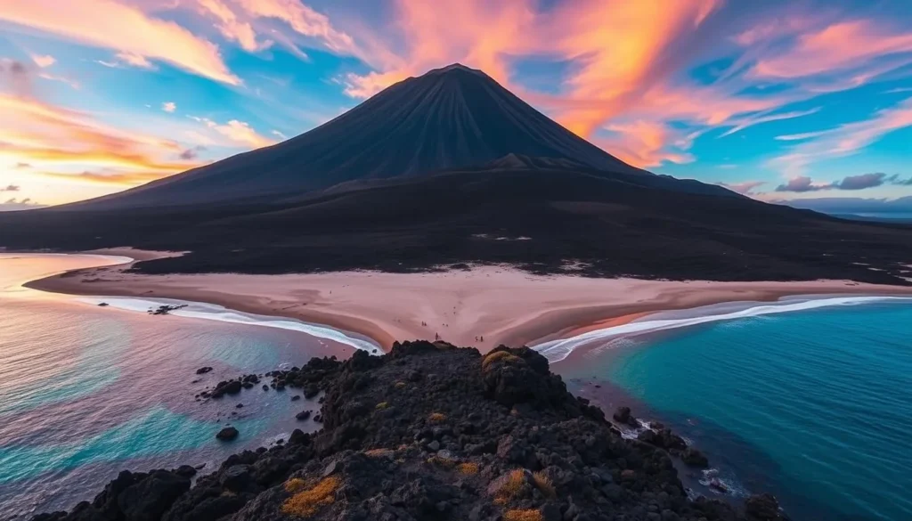 Generate an image of Annobón Island's pristine beaches and volcanic landscapes.