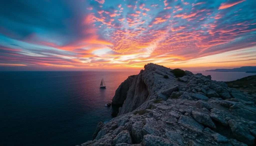 Generate an image of Aphrodite's Rock at sunset with the sea in the background. Generate an image of Aphrodite's Rock at sunset with the sea in the background.