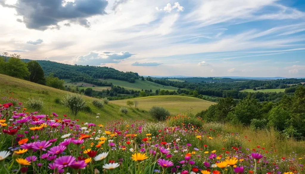 Generate an image of Arbor Hills Nature Preserve's serene landscape with wildflower meadows and walking trails.