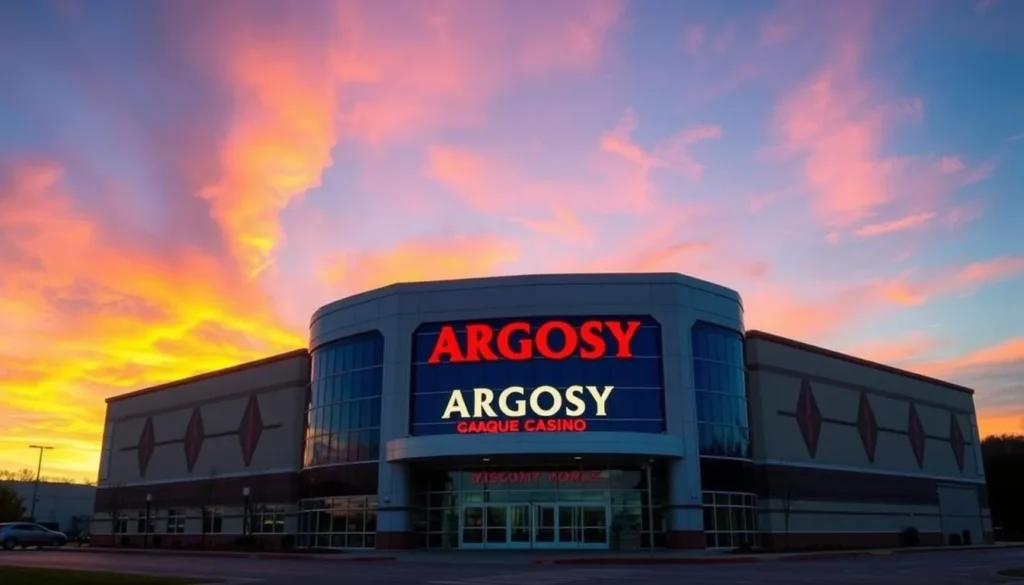 Generate an image of Argosy Casino Alton's exterior at sunset.