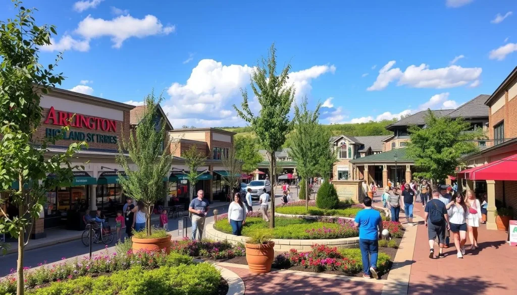 Generate an image of Arlington Highlands, highlighting its outdoor shopping areas and vibrant landscaping.