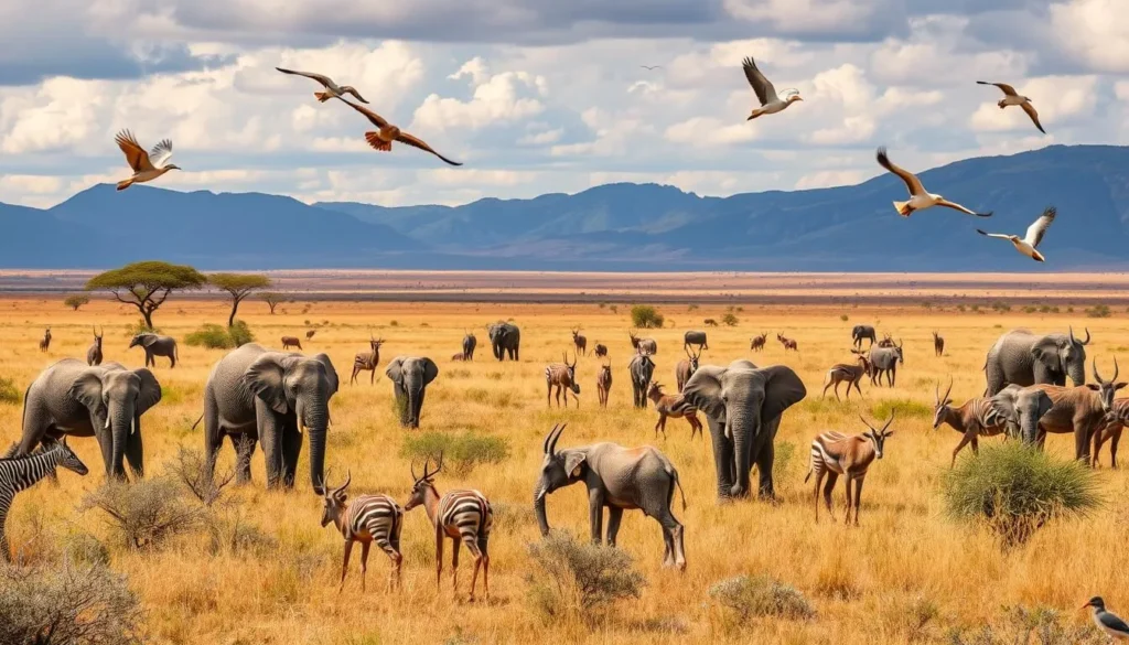 Generate an image of Arly National Park during a safari tour, with a variety of wildlife. Generate an image of Arly National Park during a safari tour, with a variety of wildlife.