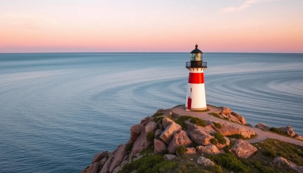 Generate an image of Artist's Point with the Grand Marais Lighthouse and Lake Superior in the background.
