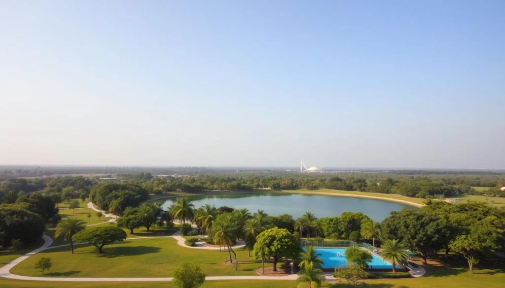 Generate an image of Ascarate Park's serene lake and surrounding recreational areas.