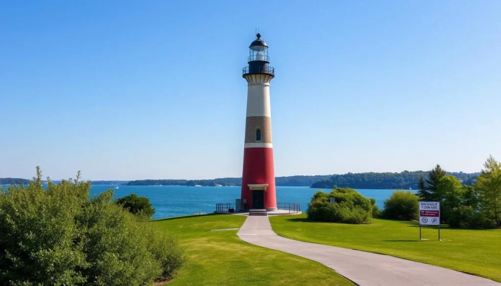 Generate an image of Asylum Point Park, featuring the historic lighthouse and its tranquil waterfront.