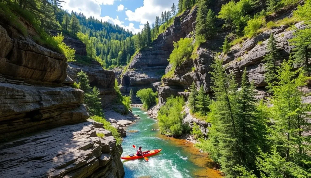 Generate an image of Ausable Chasm, showcasing its natural beauty and adventure activities.