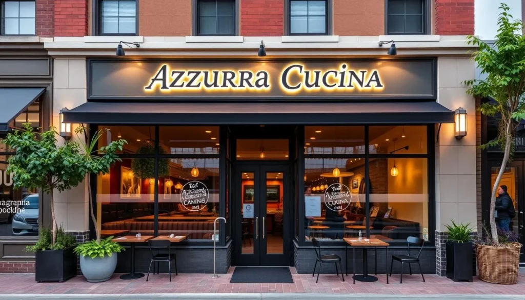 Generate an image of Azzurra Cucina's exterior on Henderson's Water Street, showcasing its trendy boutique facade.