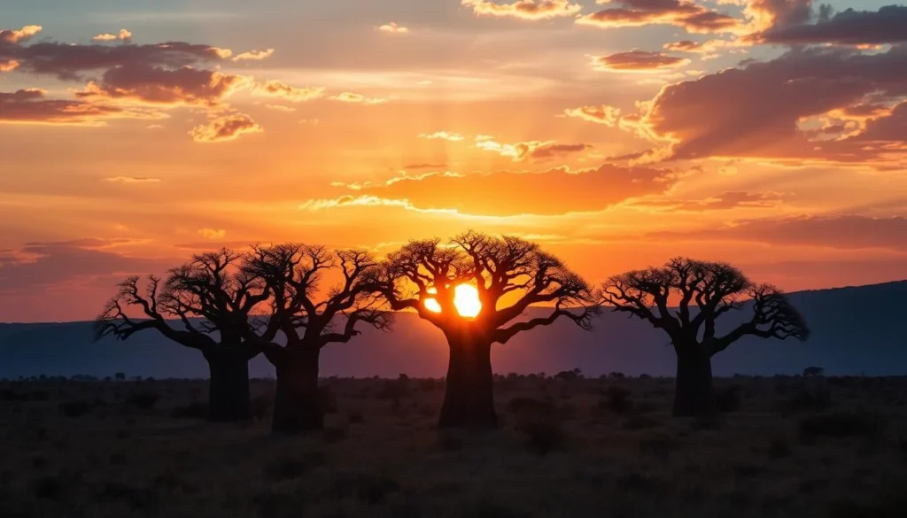 Generate an image of Baines' Baobabs in Nxai Pan National Park at sunrise.