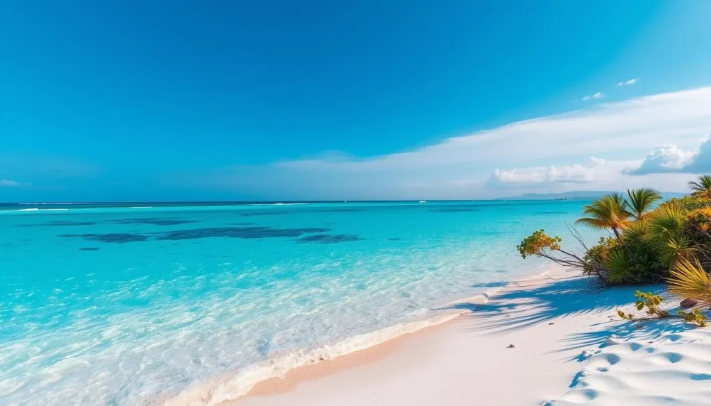 Generate an image of Bantayan Island's powdery white sand beach with crystal-clear waters.
