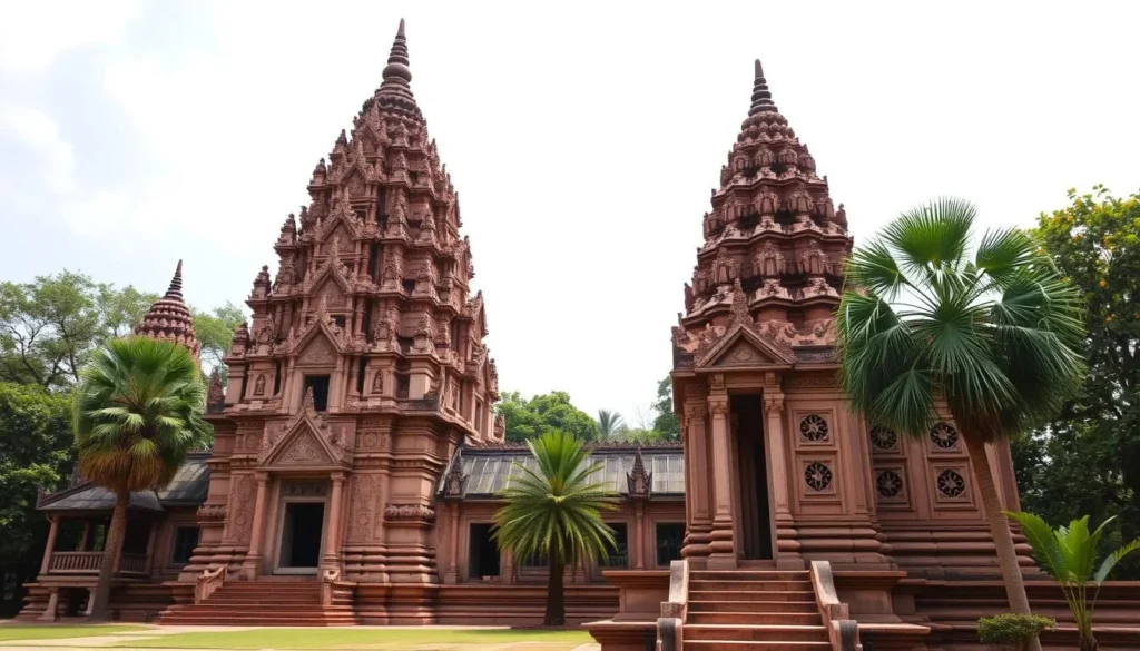 Generate an image of Banteay Srei temple with its pink sandstone carvings