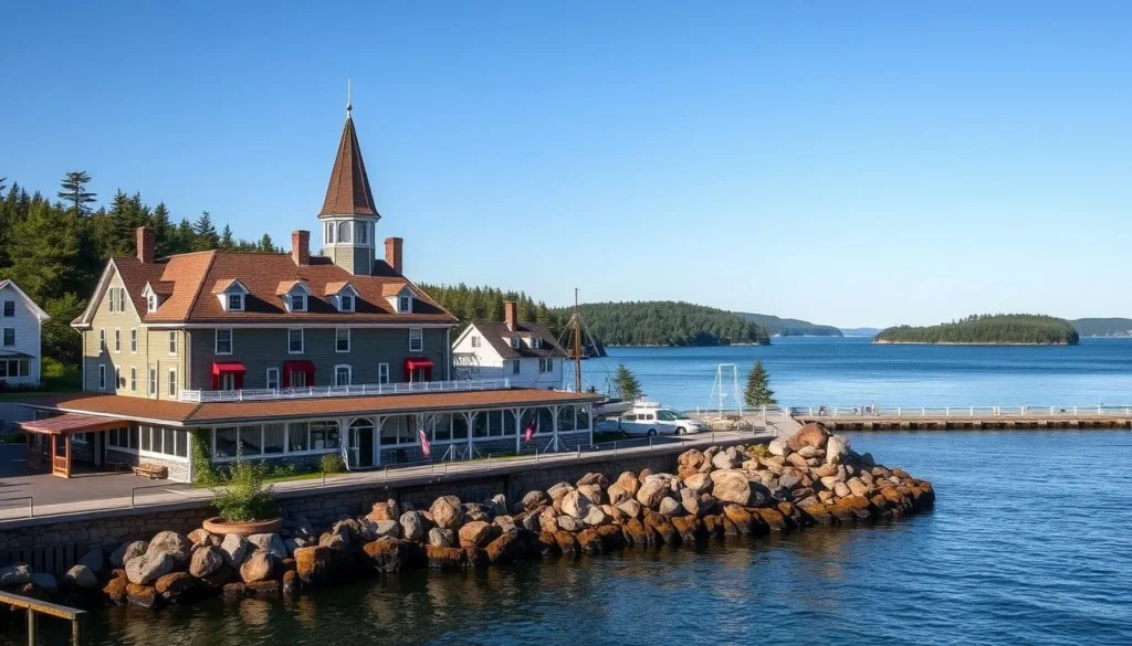 Generate an image of Bar Harbor's waterfront with the Bar Harbor Inn in the foreground and the Porcupine Islands in the background. Generate an image of Bar Harbor's waterfront with the Bar Harbor Inn in the foreground and the Porcupine Islands in the background.