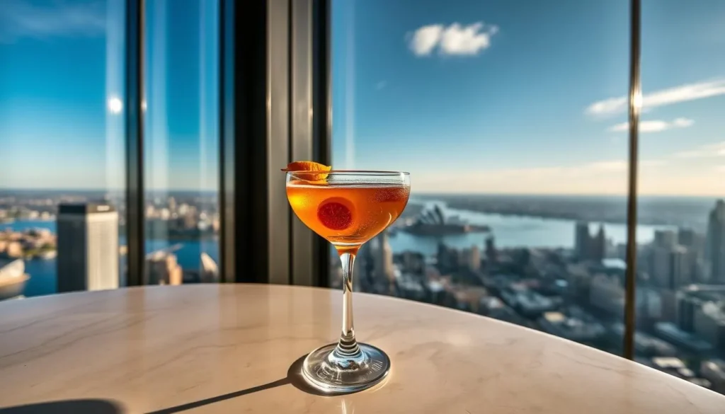 Generate an image of Bar83 in Sydney Tower with a craft cocktail and panoramic views of Sydney