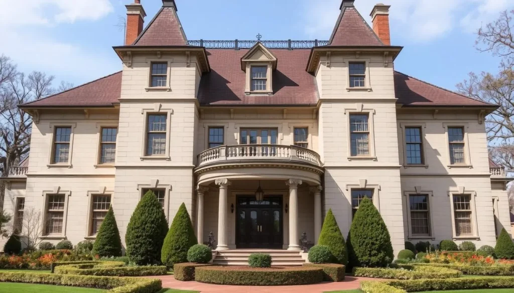 Generate an image of Barker Mansion, showcasing its grand architecture and beautifully maintained gardens.
