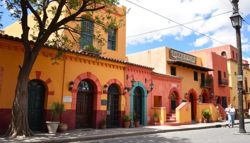 Generate an image of Barrio Viejo, highlighting its colorful adobe homes and historic charm.