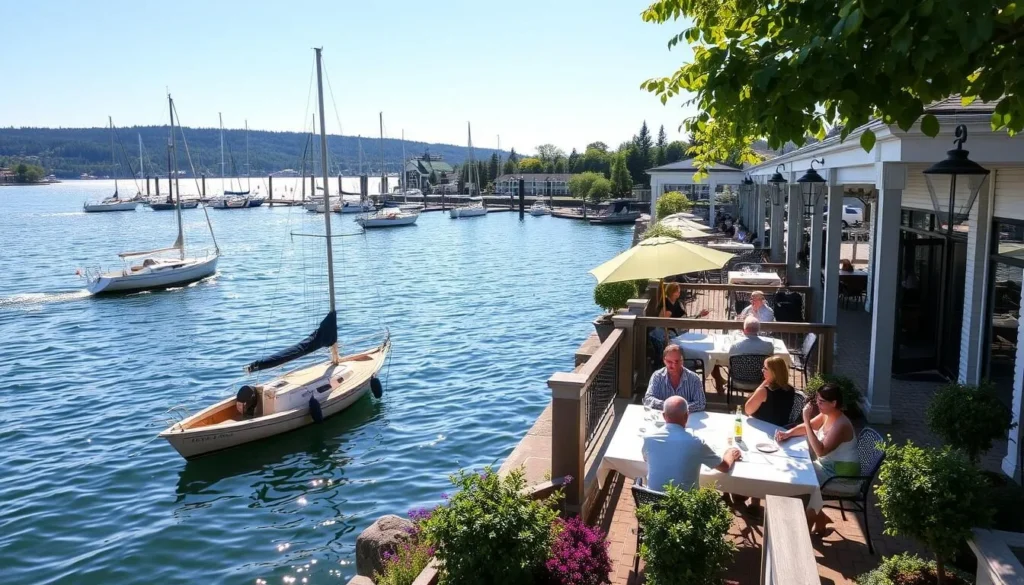 Generate an image of Basin Harbor Resort's waterfront with sailboats and guests enjoying a meal on the patio.