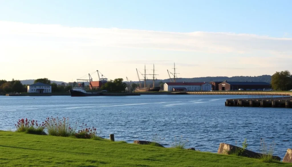 Generate an image of Bath Waterfront Park with a view of the Kennebec River and shipyard in the background.