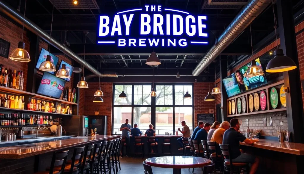 Generate an image of Bay Bridge Brewing's taproom, showcasing their variety of beers and welcoming atmosphere.