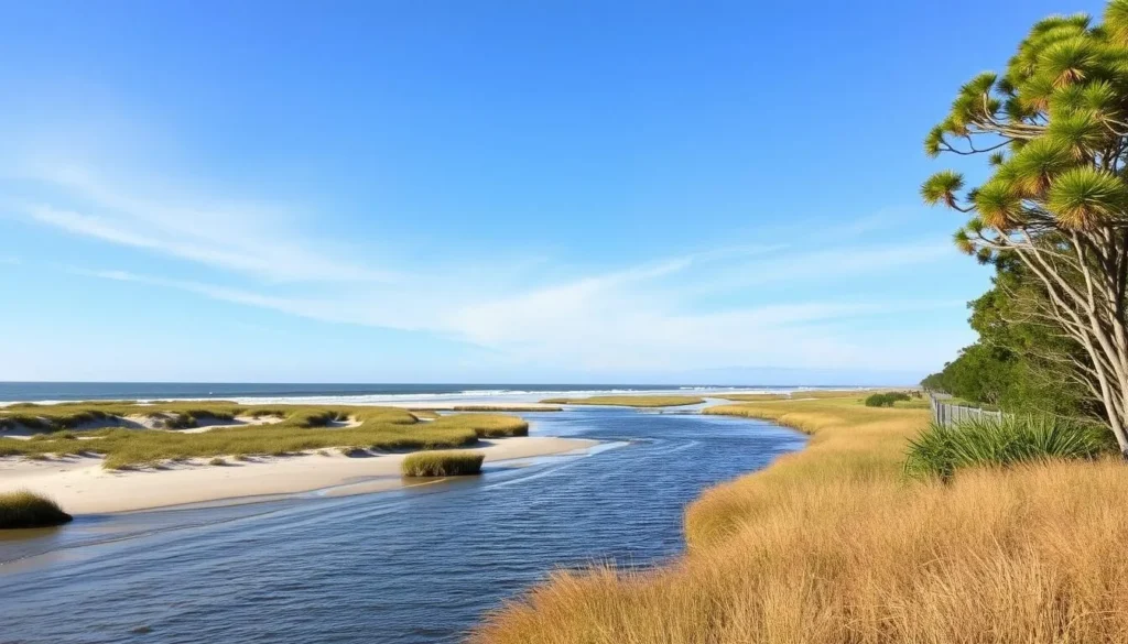Generate an image of Beachwalker County Park with a scenic view of the beach and the Kiawah River meeting the Atlantic Ocean.