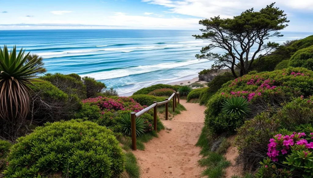 Generate an image of Beacon's Beach with its switchback trail access and panoramic ocean views.