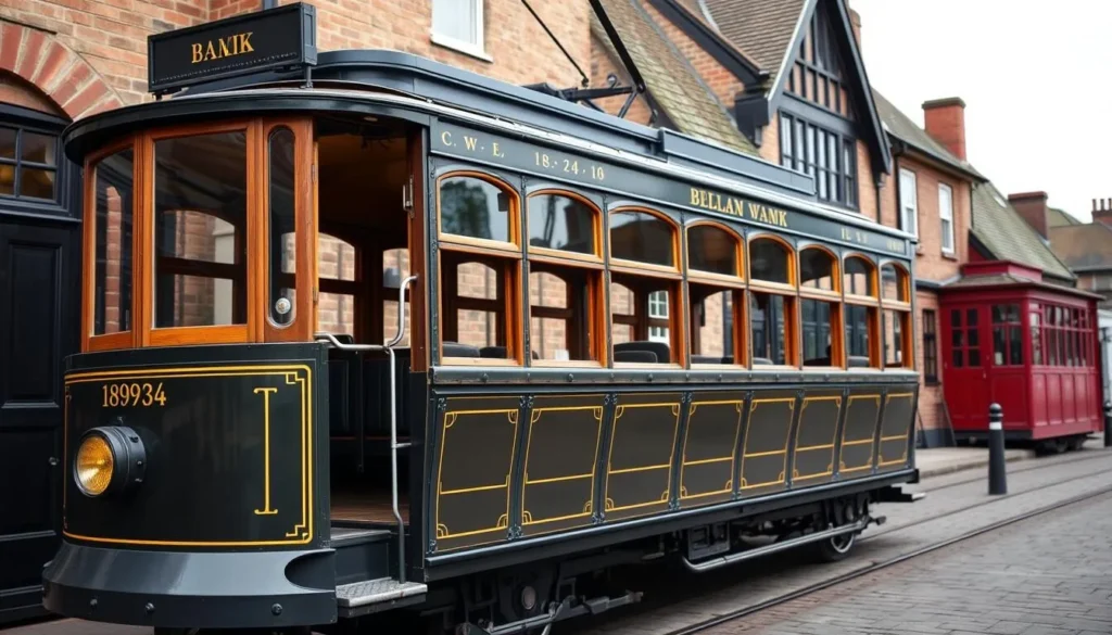 Generate an image of Beamish Museum's vintage tram and period buildings.