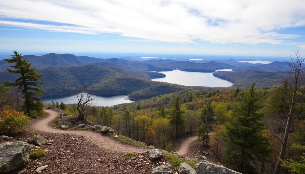 Generate an image of Bear Mountain Reservation in Danbury, highlighting its trails and scenic views of Candlewood Lake.