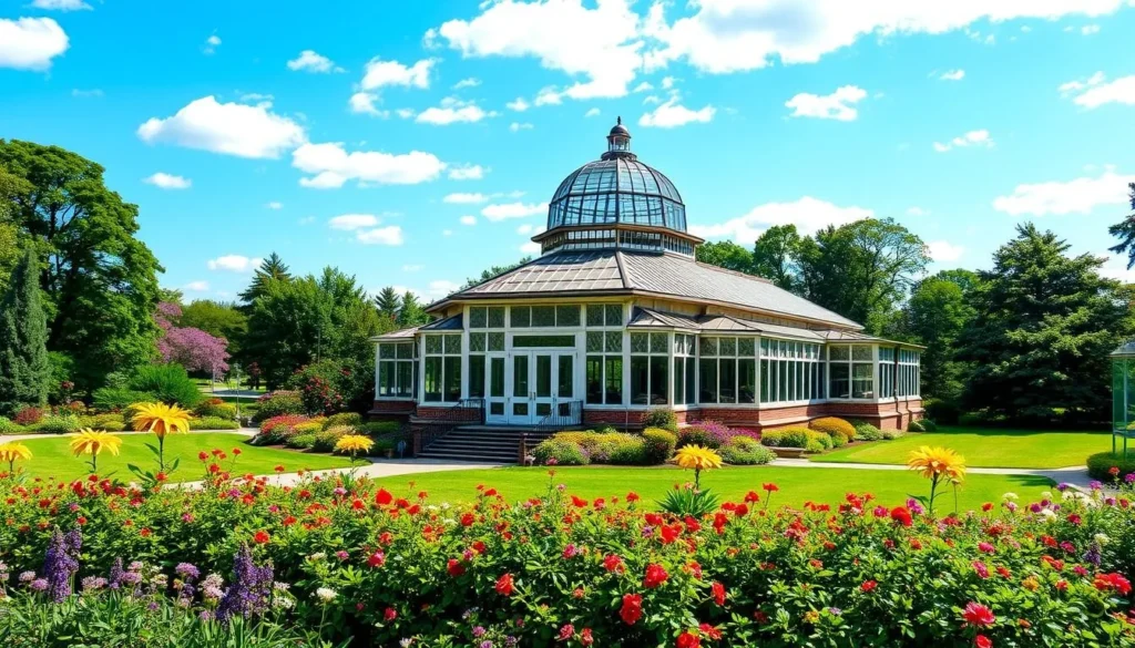 Generate an image of Belle Isle Park showing its conservatory and scenic views.