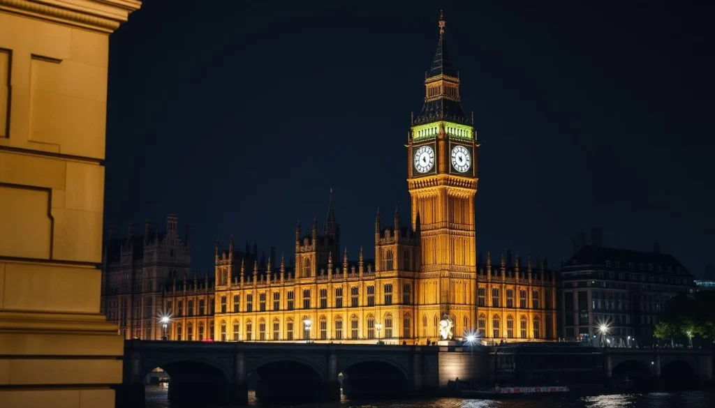 Generate an image of Big Ben (Elizabeth Tower) and the Houses of Parliament at night.