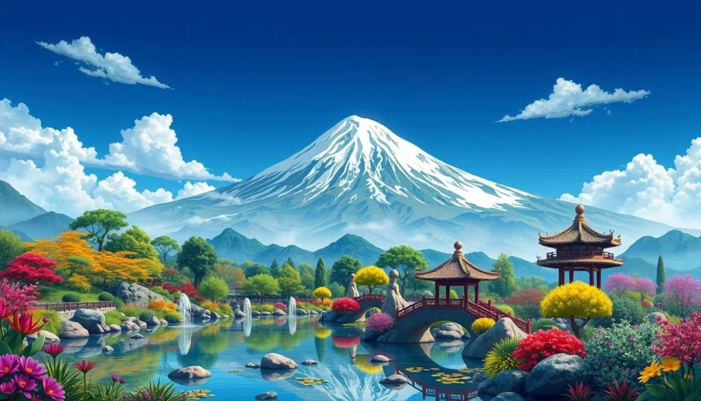 Generate an image of Black Dragon Pool Park with Jade Dragon Snow Mountain in the background.