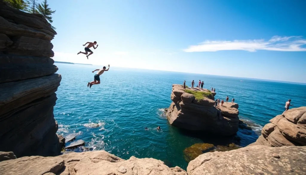 Generate an image of Black Rocks with people cliff jumping into Lake Superior.
