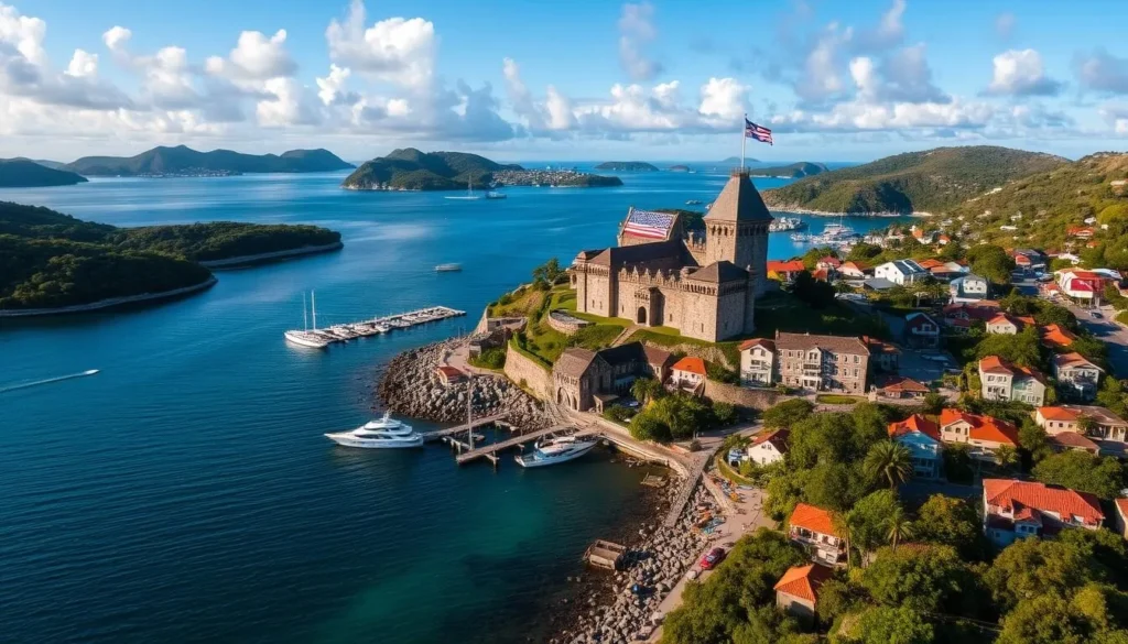 Generate an image of Blackbeard's Castle in Charlotte Amalie, St. Thomas, with a panoramic view of the harbor.