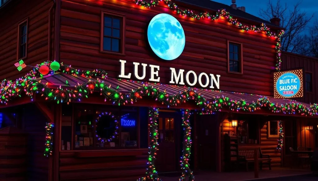 Generate an image of Blue Moon Saloon's rustic exterior with multi-colored Christmas lights and a lively atmosphere.