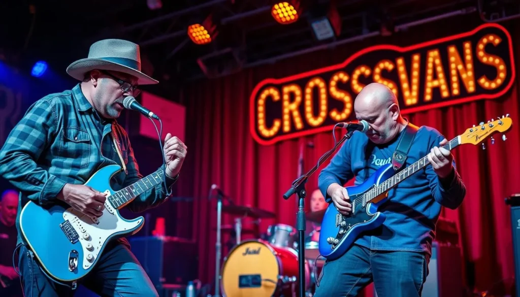 Generate an image of Blues at the Crossroads with blues musicians performing on stage. Generate an image of Blues at the Crossroads with blues musicians performing on stage.